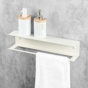 Matte Beige Towel Rack with Shelf - Modern Wall-Mounted Bathroom Organizer, Metal Towel Holder, Space-Saving Storage Shelf