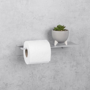 Porta carta igienica grigio con ripiano - Metallo, organizer da parete per bagno - Organizer salvaspazio per bagno