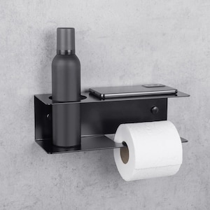 Porta carta igienica nero con ripiano - Metallo, organizer da parete per bagno - Organizer salvaspazio per bagno