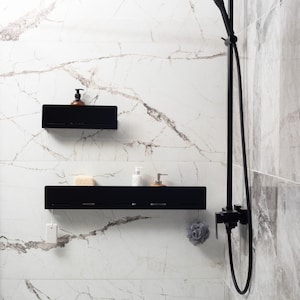 Black Bathroom Shelf Organizer - Available in 2 Sizes, Minimalist Floating Wall Rack, Modern Metal Black Wall Organizer