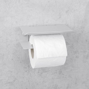 Grauer Toilettenpapierhalter mit Ablage - Schlanker an der Wand befestigter Badezimmer-Organizer, minimalistischer Toilettenpapierhalter aus Metall für moderne Badezimmer