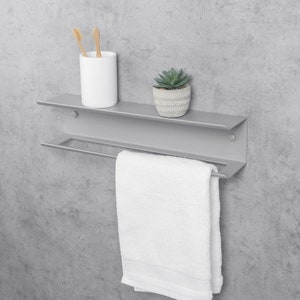 Gray Towel Rack - Minimalist Wall-Mounted Bathroom Shelf - Metal Organizer for Towels and Essentials - Aluminum