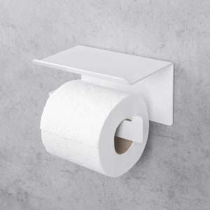 Porta carta igienica minimalista bianco con ripiano portaoggetti – Perfetto per organizzare il bagno. Design resistente, da parete, in nero opaco.