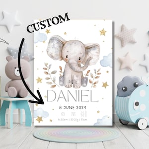 Personalisierte Baby Junge Geburtsurkunde Leinwand - Boho Aquarell Elefant Kinderzimmer Wandkunst - individuelles Neugeborenen Stats Geschenk, Baby Junge Wandkunst