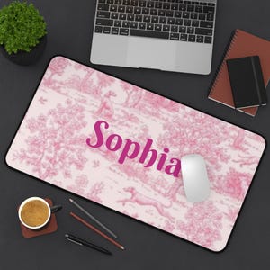 Pink Toile de Jouy Desk Mat for Girls, Personalized Office Accessories, Business Women Dorm Decor, Custom Work From Home Supplies, Cute Desk