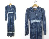 Retro 1970s Dress Long Blue Floral Polka Dot Print Maxi Dress Vintage Bridesmaid Dress High Waist Costume Dress Womens Size Small Medium