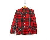 1950s Vintage Red Plaid Wool Blazer Jacket Hipster Boho Slouchy Jacket Button Up Blazer Coat with Pockets Womens Medium