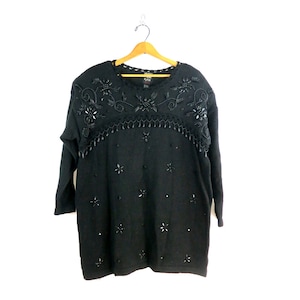 Long Black Beaded Sweater Vintage 90s Beaded Sweater Preppy Pullover Jumper Women&#39;s size Large XL