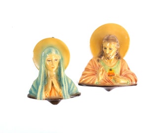 Vintage Jesus and Mother Mary chalkware Busts Mid Century wall hangings / Chalk