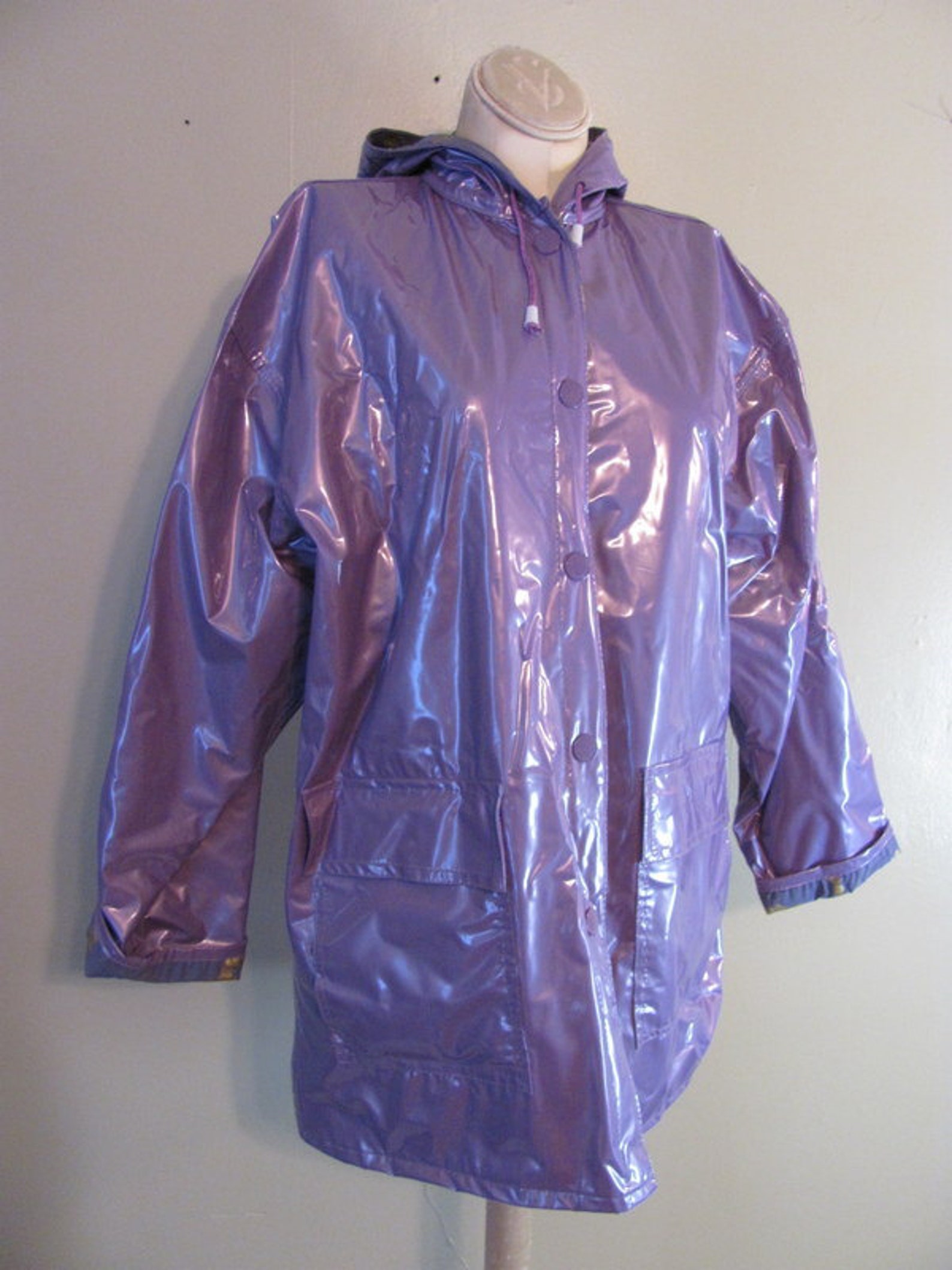Vintage lilac purple vinyl raincoat w hood and snaps Etsy