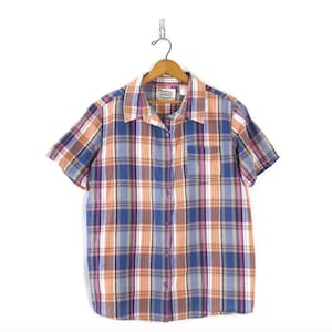 Vintage 80s Plaid Top Button Up Tee Cotton Short Sleeve Shirt Women&#39;s XL