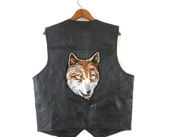 Vintage black leather vest MOTO Biker vest with Wolf Patch | Navarre Motorcycle Vest / Men's Medium