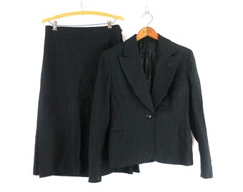 Vintage Wool Pinstripe Skirt Suit: Blazer & High Waist Pencil Skirt