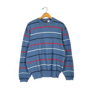 Striped Blue Sweater Vintage Townsley Sweater 1980s Pullover Blue & Red Boyfriend Sweater Size XL
