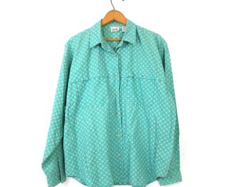 Blusa verde menta IZOD de los 90: estilo preppy vintage con botones, talla grande