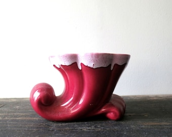 Vintage Cornucopia Two tone Maroon Planter Mid Century Modern Pottery Flower Pot