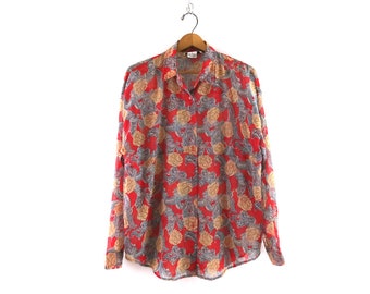 90er Jahre Rote Blumen Bluse Button Up Blumen Muster Shirt Lang Sheer Vintage Top Damen Size Large