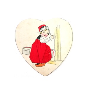 Vintage carte de Saint-Valentin carte pour les fêtes du milieu du siècle / fille néerlandaise avec ruban rouge sur le coeur