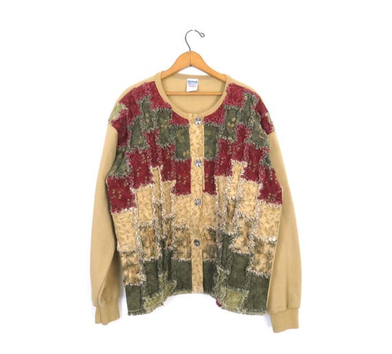 Textured Patchwork Sweatshirt Cardigan Vintage Fo… - image 1