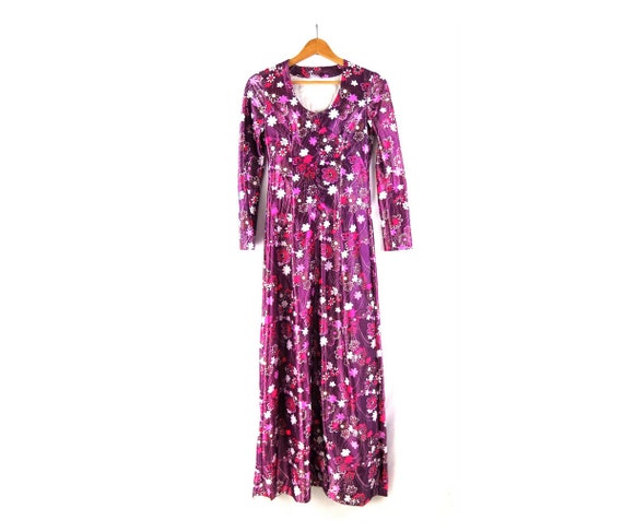 Long Maxi Floral Dress Retro 1970s Dress Purple F… - image 1