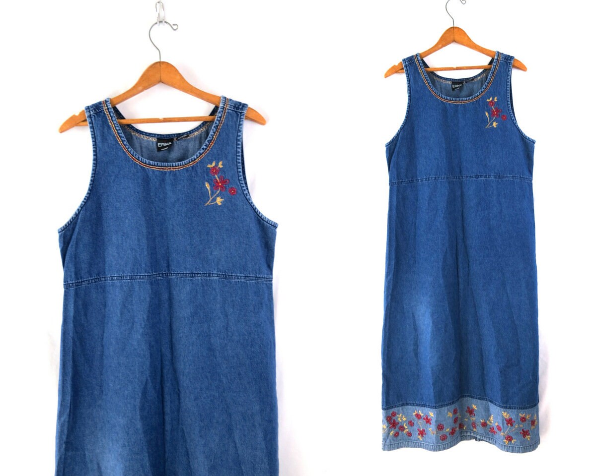 DirtyBirdiesVintage Vintage Jean Dress Blue Denim Tank Top Dress 90s Casual Peasant Jumper Dress High Waist Dress Women's Medium