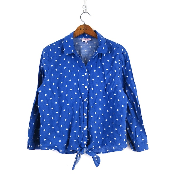 Blue Polka Dot Blouse Polka Dotted Linen Cotton Shirt Modern Tie Front Button Up Top / Women's Large