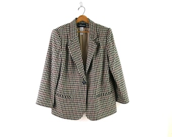 Houndstooth Blazer Vintage Preppy Wool Jacket 1990's Suit Coat Women's Size 14 Petite