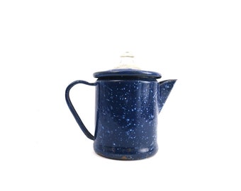 Speckled Blue Enamel Coffee Pot with Handle Vintage Pyrex Glass Lid Primitive Country Kitchen Home Decor