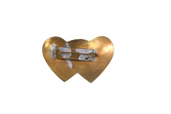 Double Heart Antiqued Brass Engraved Brooch / Vin… - image 7