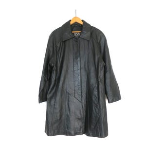 vintage black leather jacket 90s Longer Fit leather IZZI Trench coat Women&#39;s Size Medium