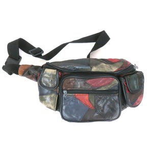 90s Vintage Leather Fanny Pack Multi Color Patchwork Fannypack Waist Bag purse Unisex Jogging Wallet Bag 1990s Bum Bag