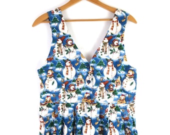 Vintage 90s Christmas Dress, Snowman Print Cotton Jumper