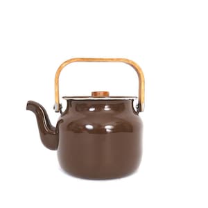 Vintage Brown Enamel Teapot with Wood Handle - 1970s Retro Kitchen Decor