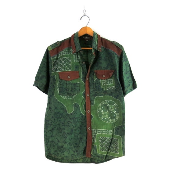 Batik Button Up Shirt Vintage Green Short Sleeve Shirt Button Down Men's Size Medium