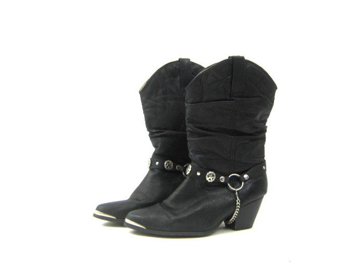 Vintage Black Leather Cowgirl Boots Mid Calf Boots Womens Etsy