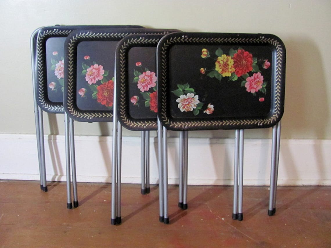 Vintage Black Floral Metal TV Trays with Stands // set of 4 Etsy