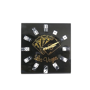 Vintage Plastic Las Vegas Dice Clock Souvenir Kitsch Black Gold White Battery Operated
