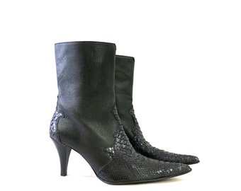 Botas de tacón alto Franco Cuadra / Botines puntiagudos de cuero negro / Talla de mujer 7 US talla 24 MX