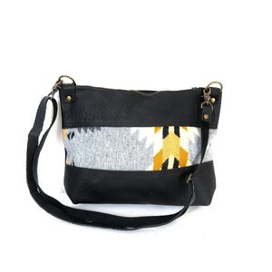 Black Leather Purse Wool Fabric Panel Crossbody bag Purse