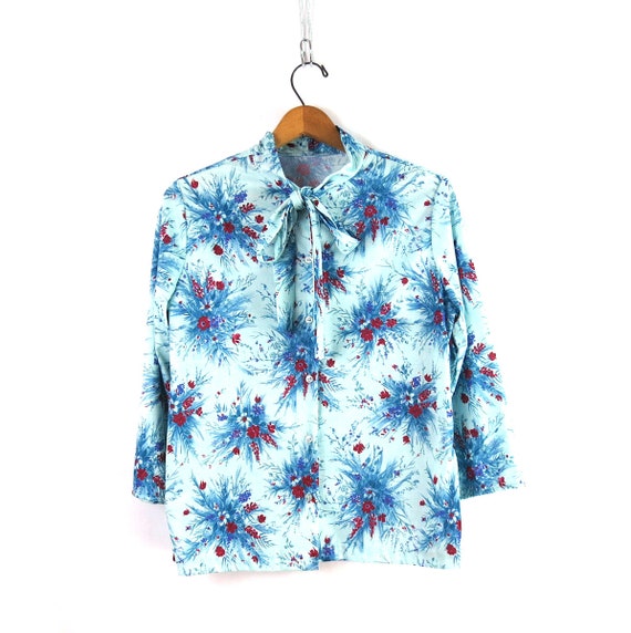 70s Floral Print Shirt Retro Blouse Vintage Blue … - image 2