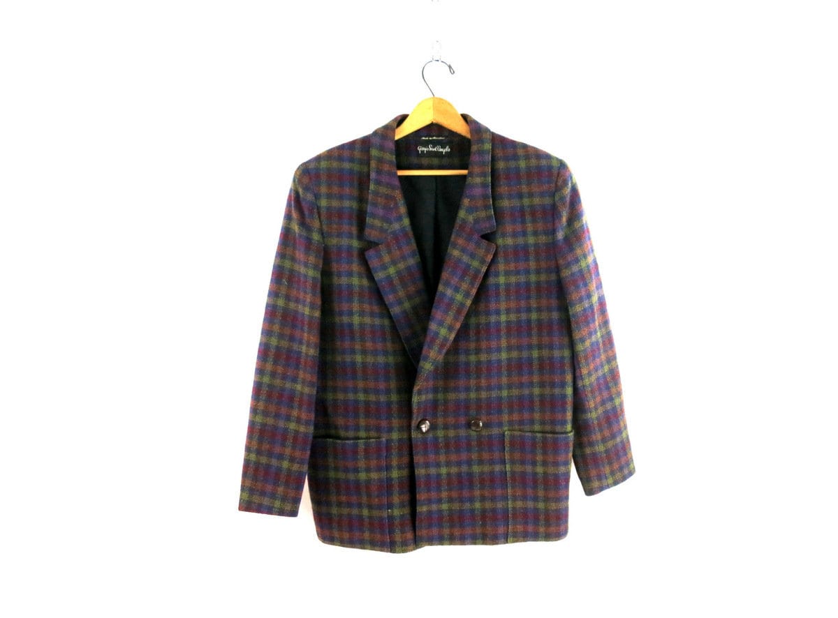 Vintage Plaid Wool Blazer, 90s Giorgio Sant Angelo Jacket, Size 14
