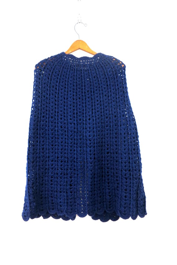 Boho Poncho Blue Crochet Afghan Knit Shawl Button… - image 5