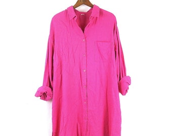 Bright Pink Shirt Dress | Long Minimal Dress | Vintage Long Sleeve Button Up Dress | Modern Summer Dress / Women's Size 12