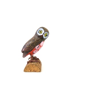 Vintage Hand Carved Wood Owl: Painted Bird on Log, Home Decor