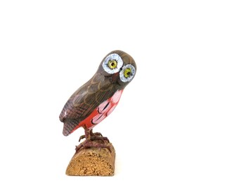 Vintage Wood Owl | Hand Carved Painted Wooden Bird | Bird on Log Carving | Small Carved Wooden Bird Statue Home Decor