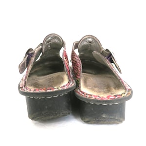 May include: Pair of used clogs with a floral pattern in red, pink, and purple. The clogs have a black sole and a buckle closure. The interior shows signs of wear. The background is white.