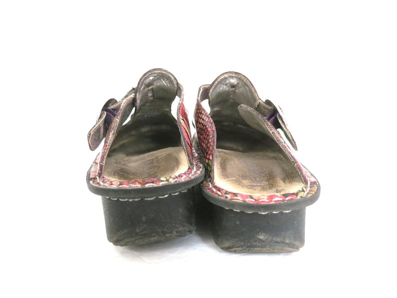 May include: Pair of used clogs with a floral pattern in red, pink, and purple. The clogs have a black sole and a buckle closure. The interior shows signs of wear. The background is white.