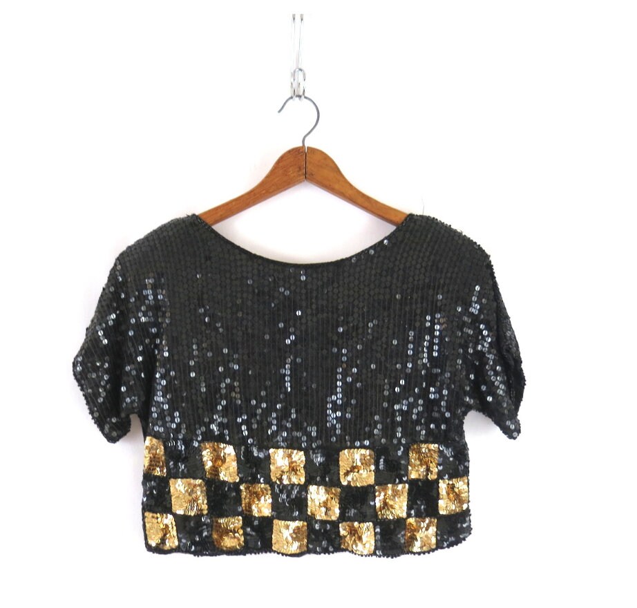 Vintage Sequin Cropped Top: Black Gold Check, Silk Party Shirt