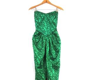 80s Green & Black Prom Dress | Ruffle Back Wiggle Dress | Strapless Retro LA GLO Squiggle Dress / Women's Size 7
