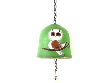 Green Vintage Owl Bell | Hand Painted Ceramic Owl Bell Signed by Artist Tesa